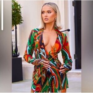 PrettyLittleThing Fitted Shirt Womens 4 Multi Abstract Retro Disco 70s NWT